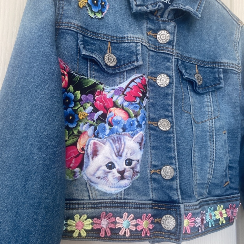 Kids Denim Jacket with Cat and Bird Patches